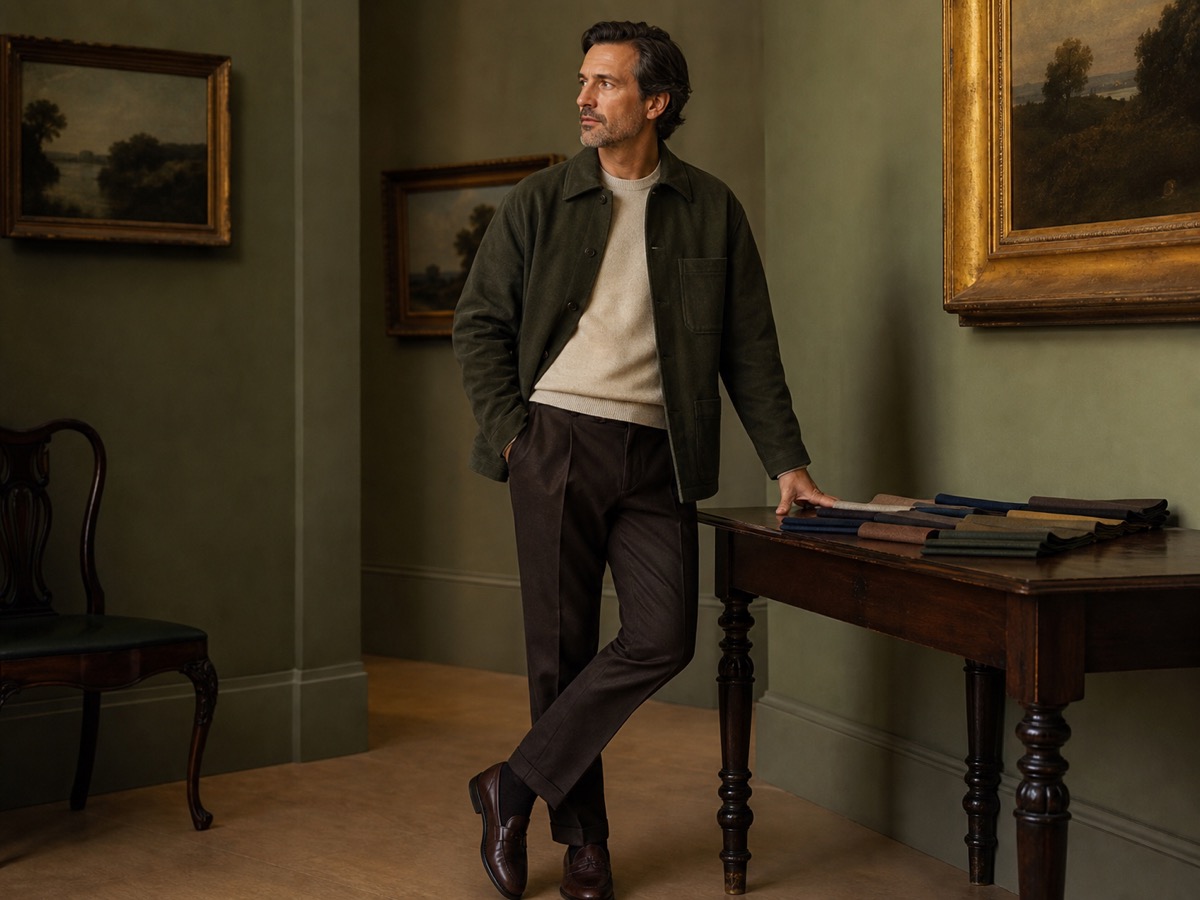 Male founder in olive, cream, and espresso wardrobe colors reviewing fabric swatches in a quiet gallery room