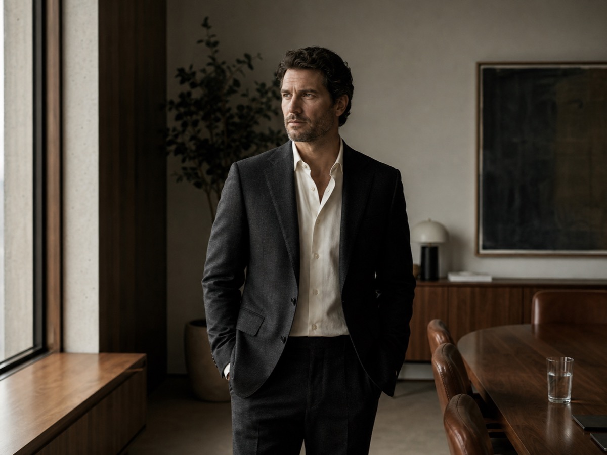 Male founder in dark tailored board meeting outfit standing beside a walnut conference table in warm natural light