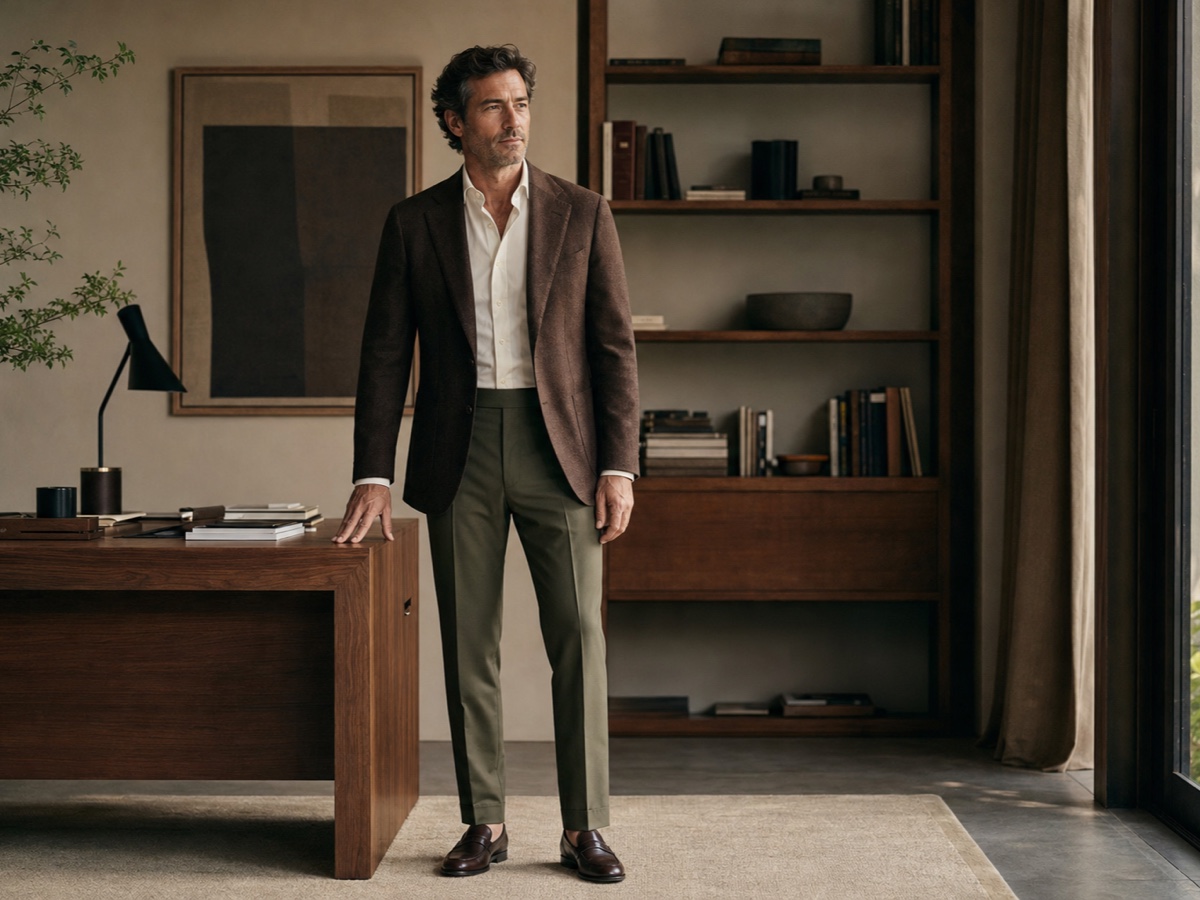 Founder in refined business casual menswear with brown tailoring and olive trousers in a warm office