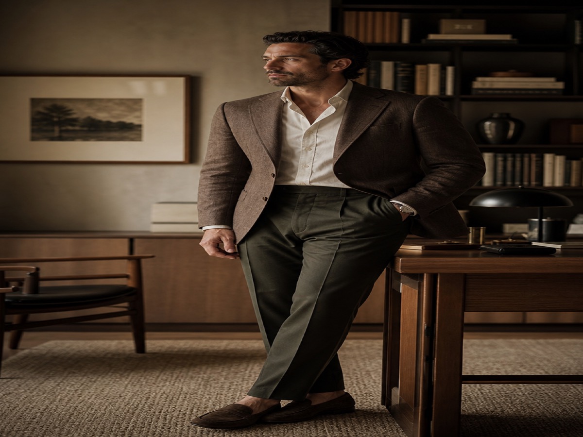Founder in refined business casual menswear with brown tailoring and olive trousers in a warm office