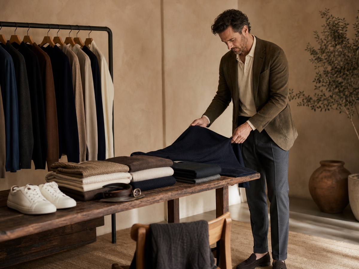 Male founder over 40 reviewing a refined business casual wardrobe in a warm neutral studio
