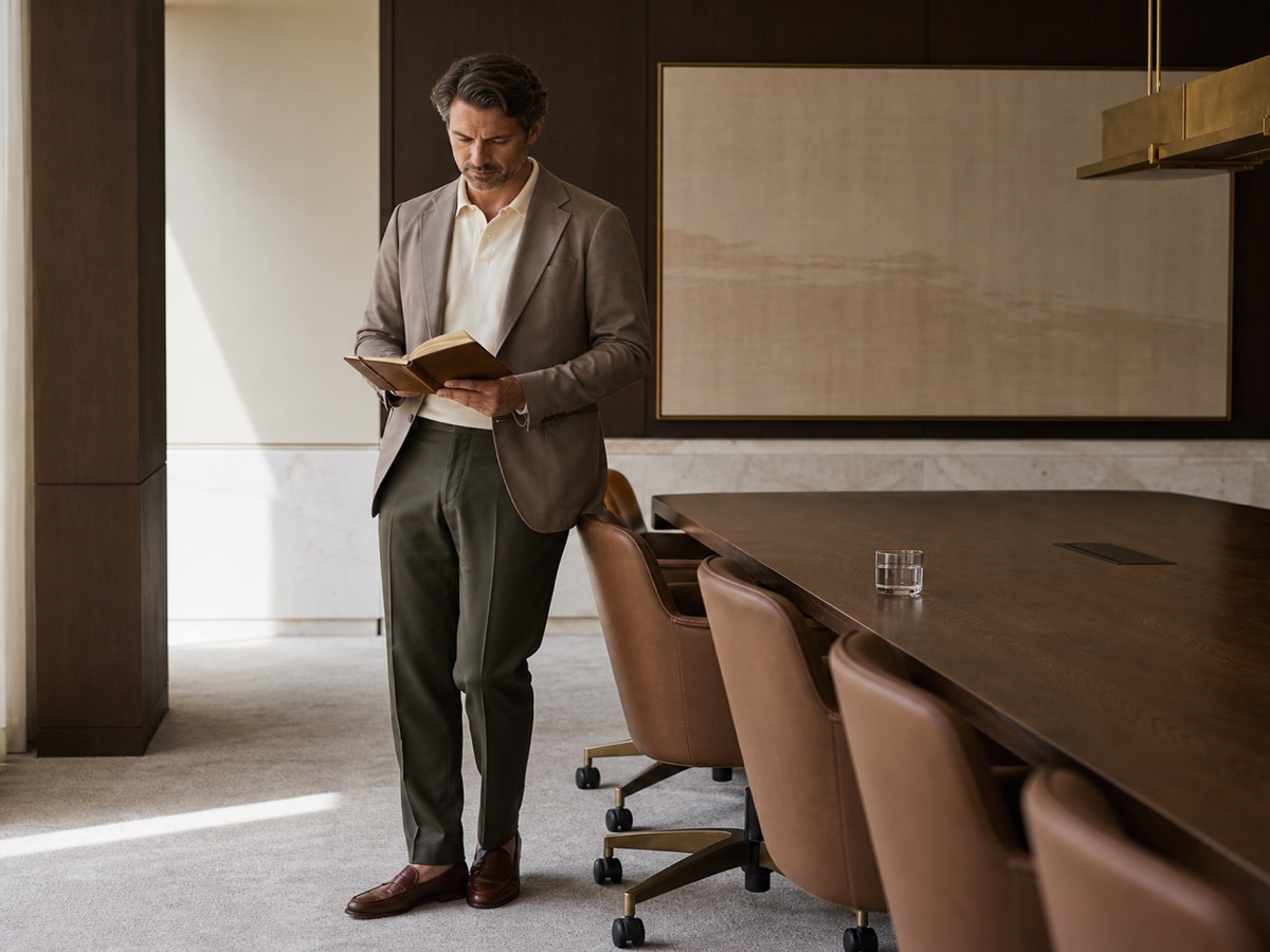 Founder in soft tailoring reviewing notes in a quiet boardroom before a business meeting