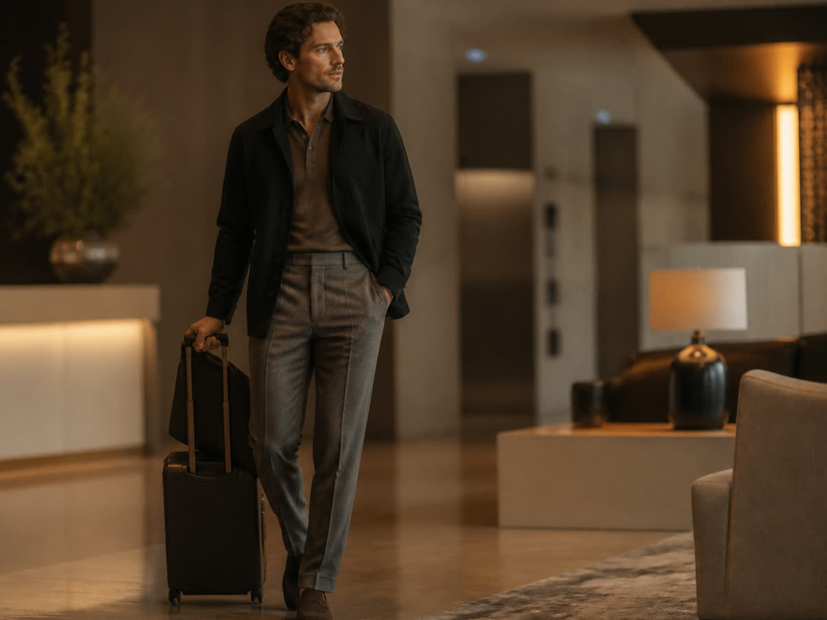 Male founder in refined travel tailoring with luggage in a warm modern hotel lobby