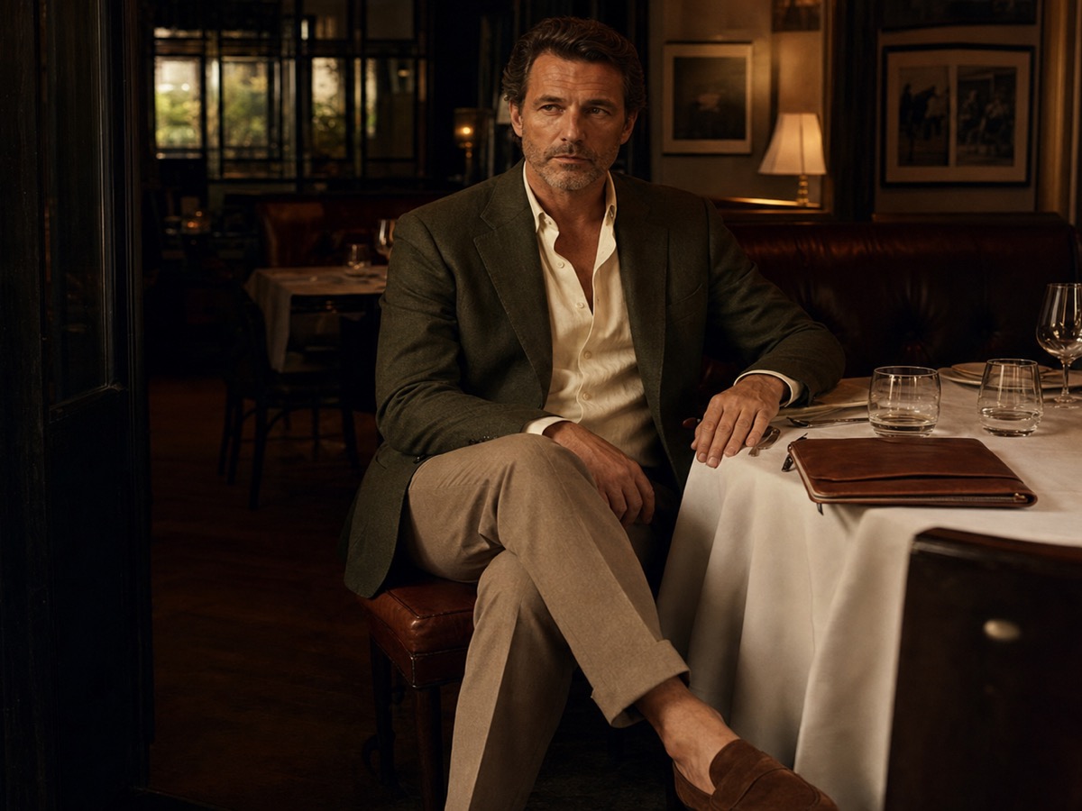 Male founder in a dark olive blazer and cream open-collar shirt at a warm restaurant table before a client dinner