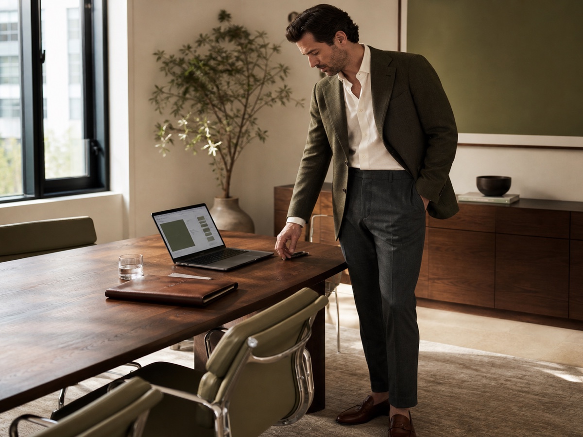 Male founder in olive tailoring preparing a client presentation in a warm conference room