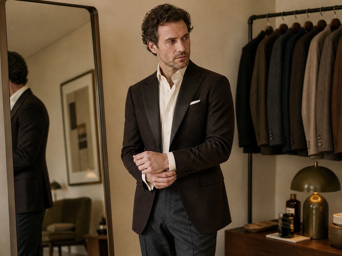 Male founder adjusting an espresso evening jacket in a warm neutral wardrobe studio before a cocktail event