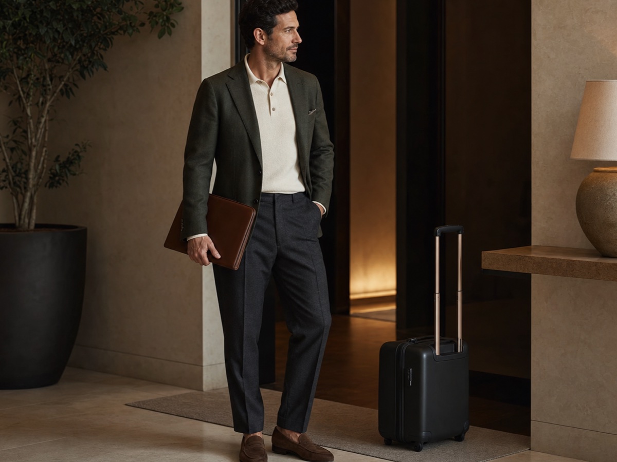Male consultant in refined soft tailoring with a leather folio and carry-on in a warm client office corridor