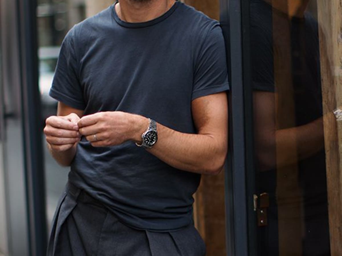 Simple T-shirt worn with tailoring for an elevated essentials guide