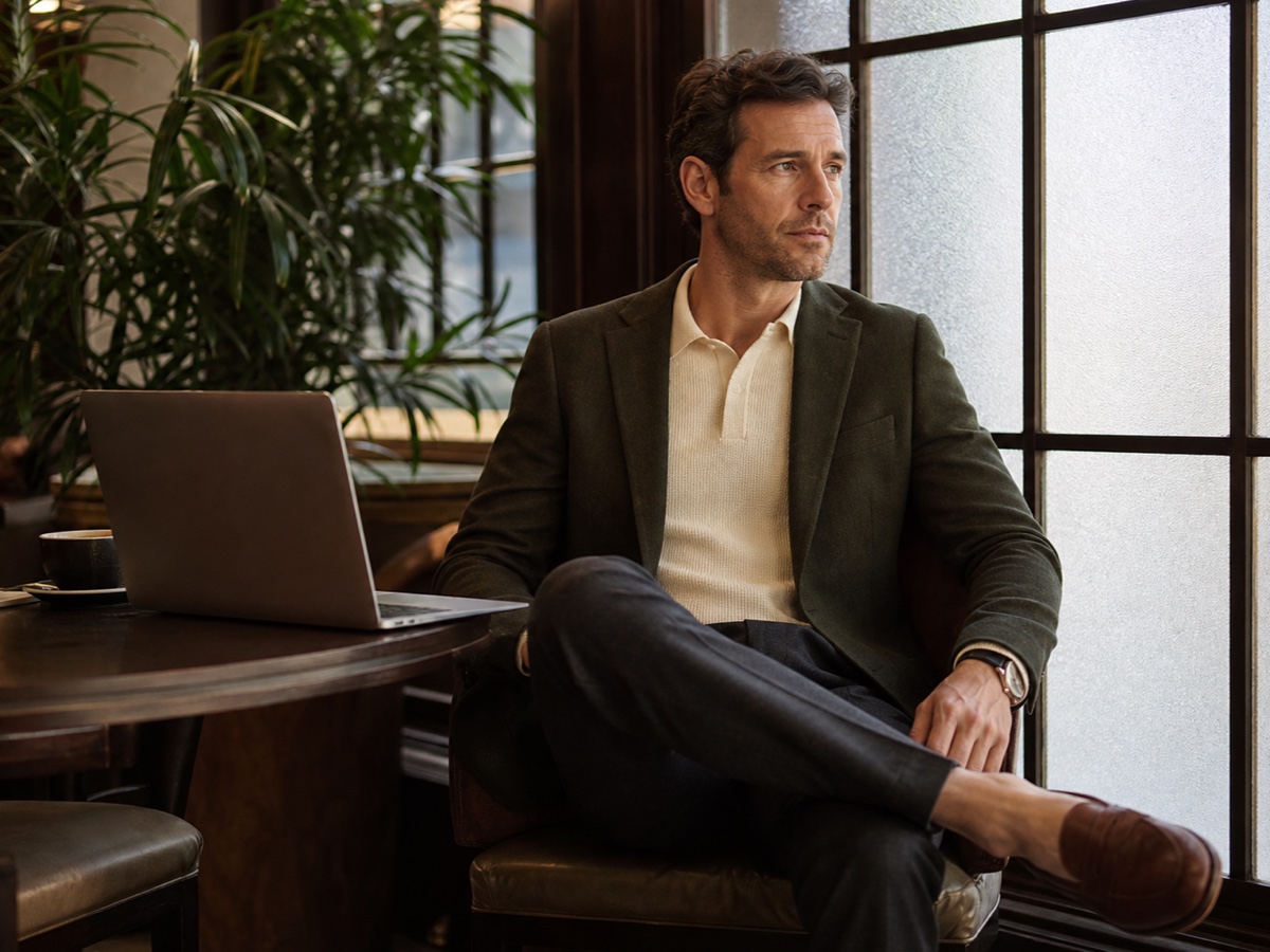 Male founder in a restrained executive capsule wardrobe working in a warm cafe lounge