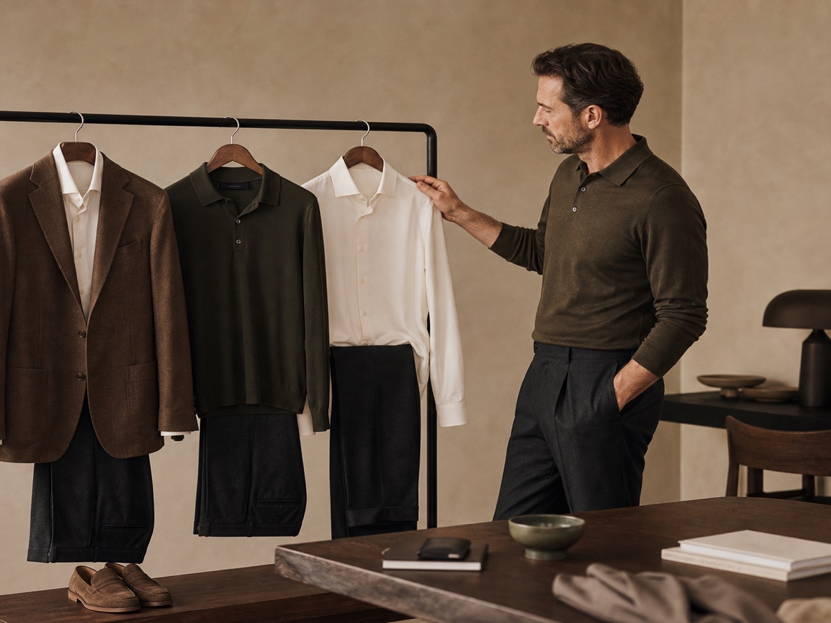 Male founder reviewing executive casual outfit formulas on a rail in a warm neutral studio
