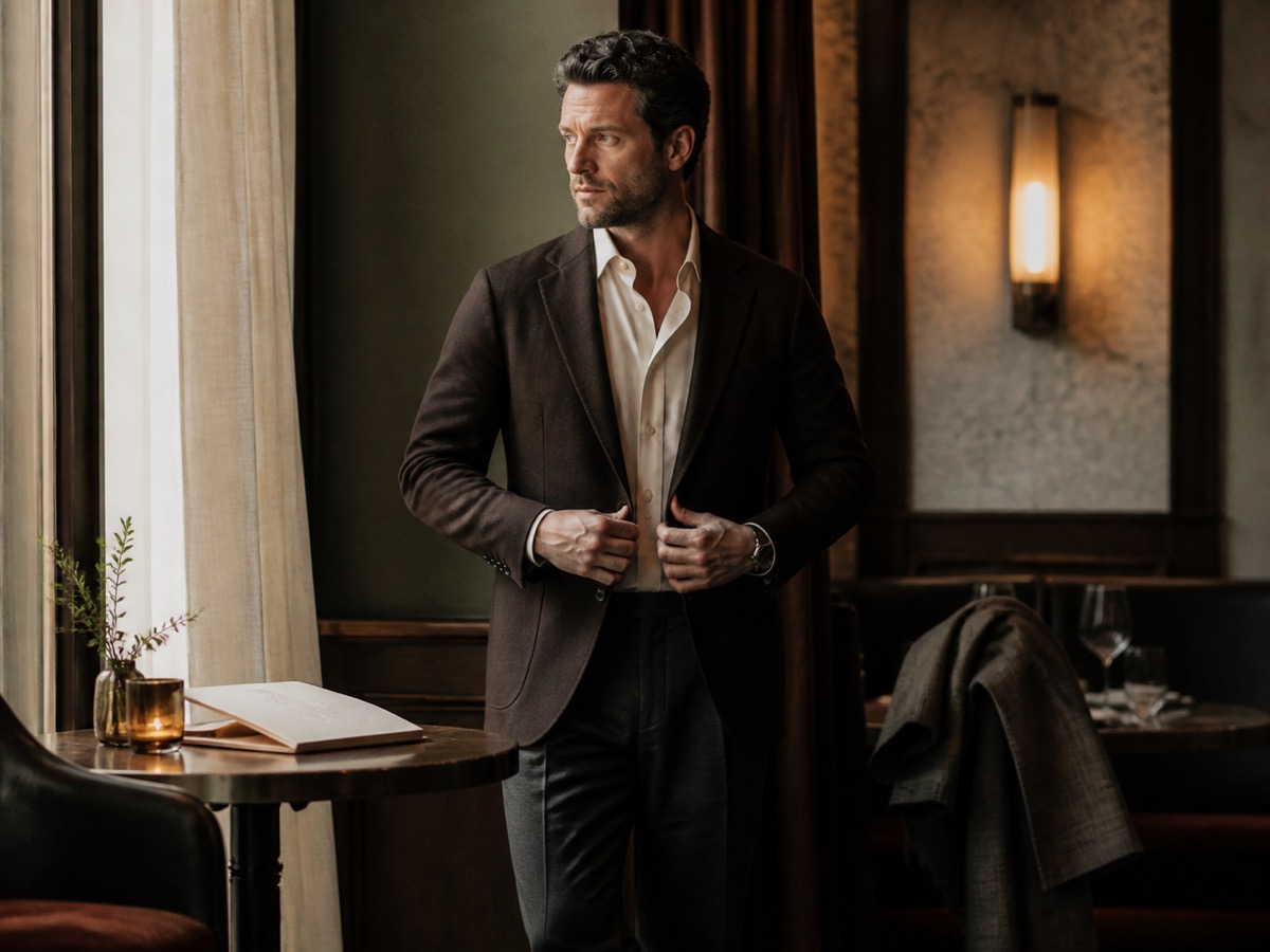 Male founder in an espresso blazer preparing for an executive dinner in a warm private dining room