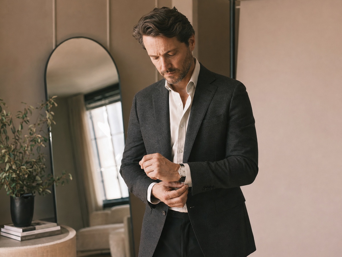 Male founder in charcoal tailoring preparing for an executive headshot in a warm neutral studio