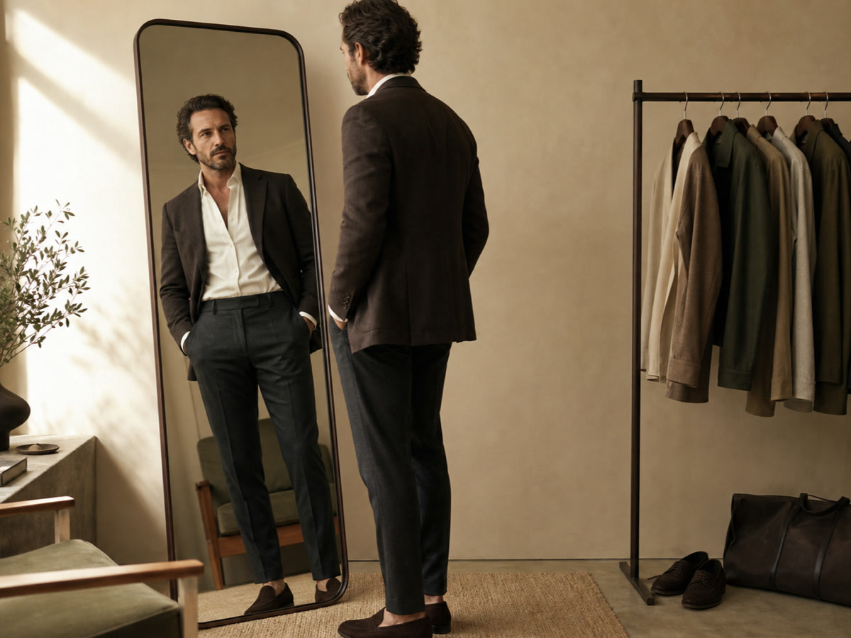 Male founder reviewing executive image and wardrobe fit in a warm neutral studio mirror