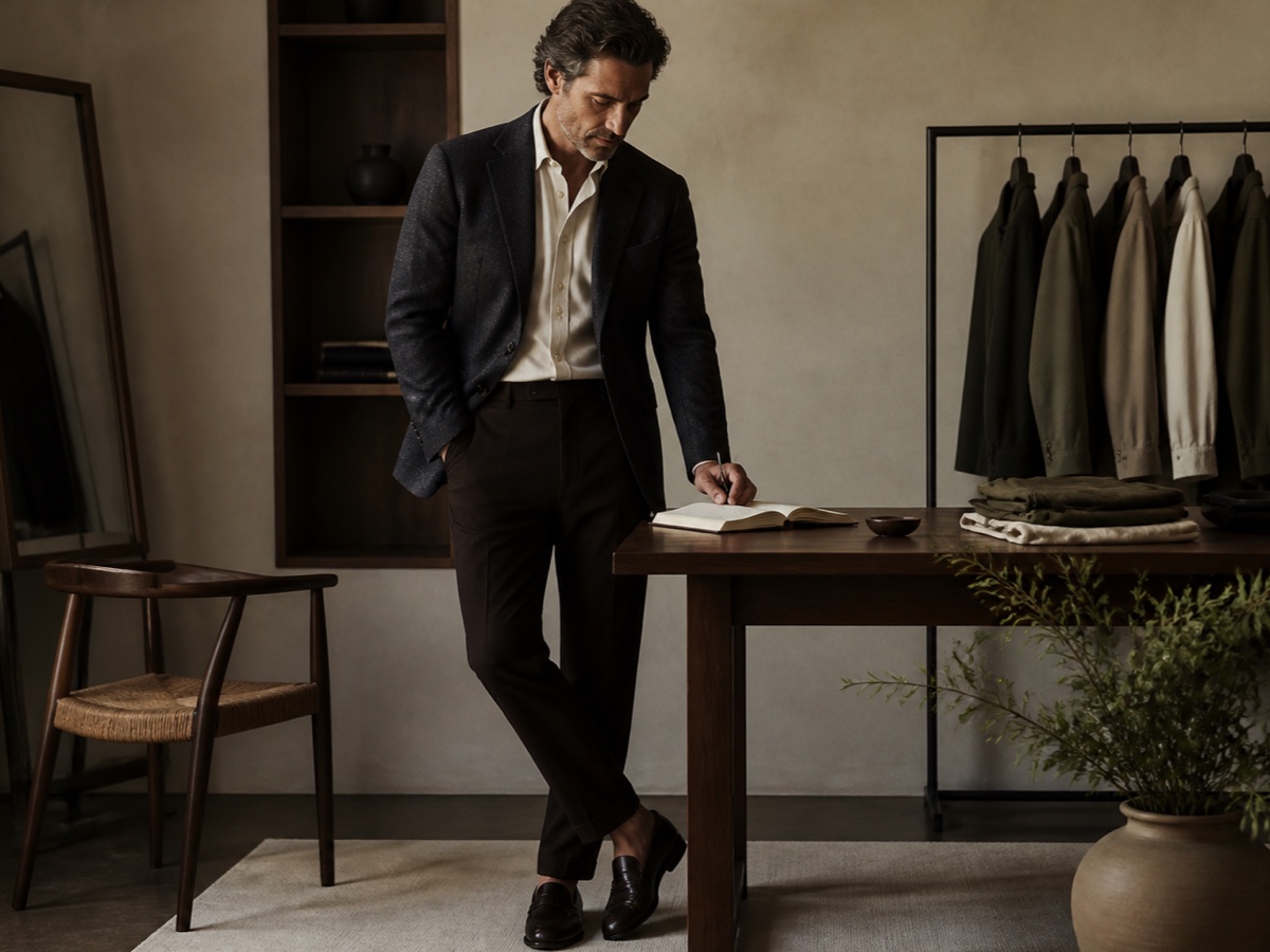 Male executive preparing a restrained interview outfit in a warm wardrobe studio