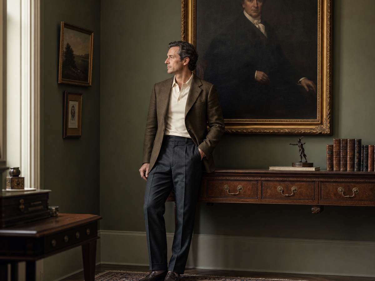 Male founder in refined olive and charcoal executive personal style standing in a quiet gallery office beneath a portrait