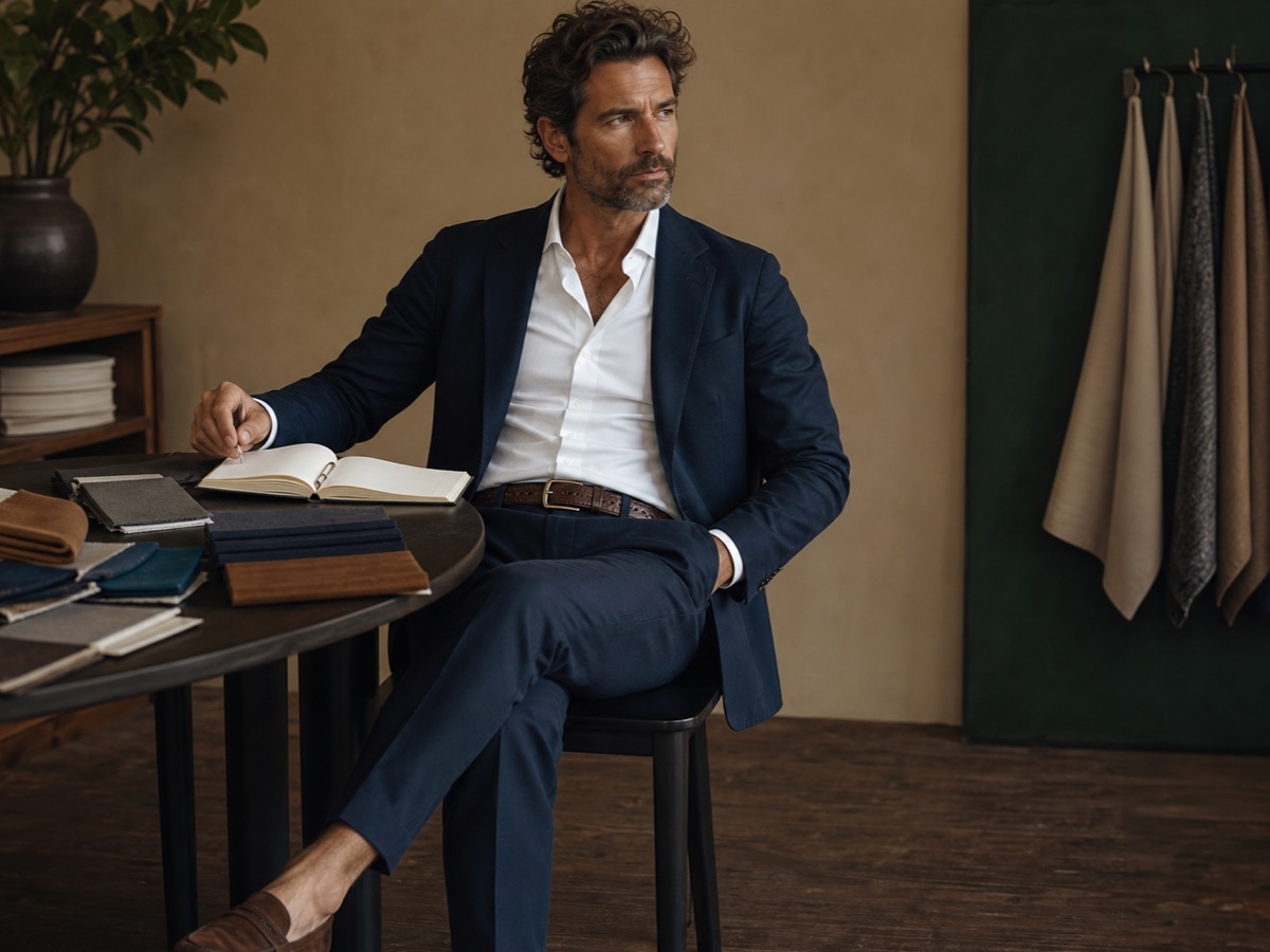 Mens fashion stylist reviewing tailoring and fabric swatches in a refined studio