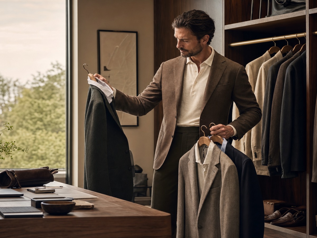 Founder reviewing refined wardrobe options in a warm office before senior meetings