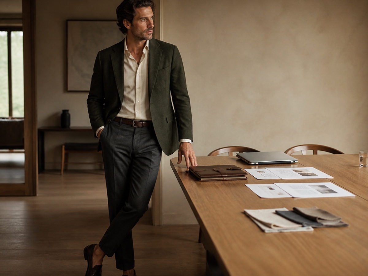 Male founder in restrained olive tailoring preparing for an investor fundraising meeting in a warm office
