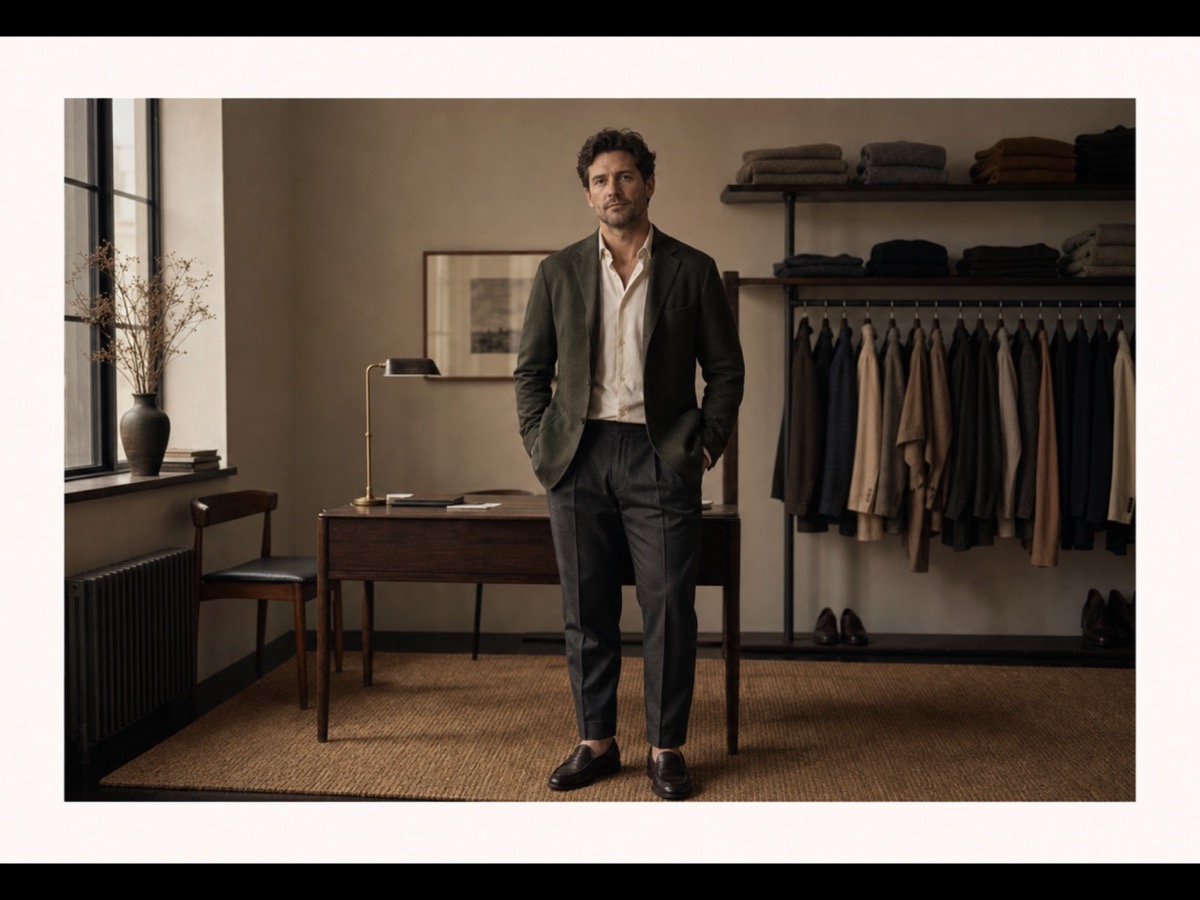 Male founder in soft tailoring standing calmly in a warm wardrobe studio with neutral menswear behind him