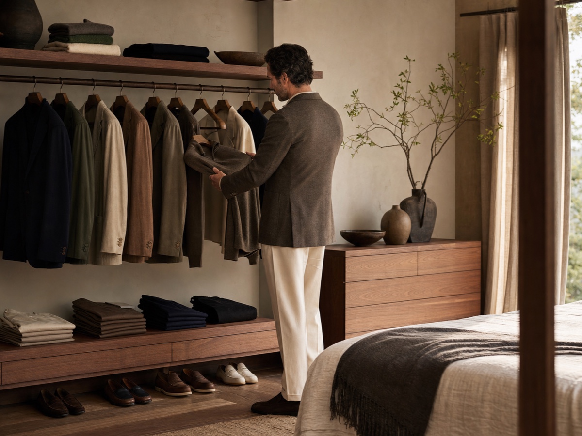 Man in his 40s reviewing a refined seasonal wardrobe edit in a warm minimalist wardrobe studio