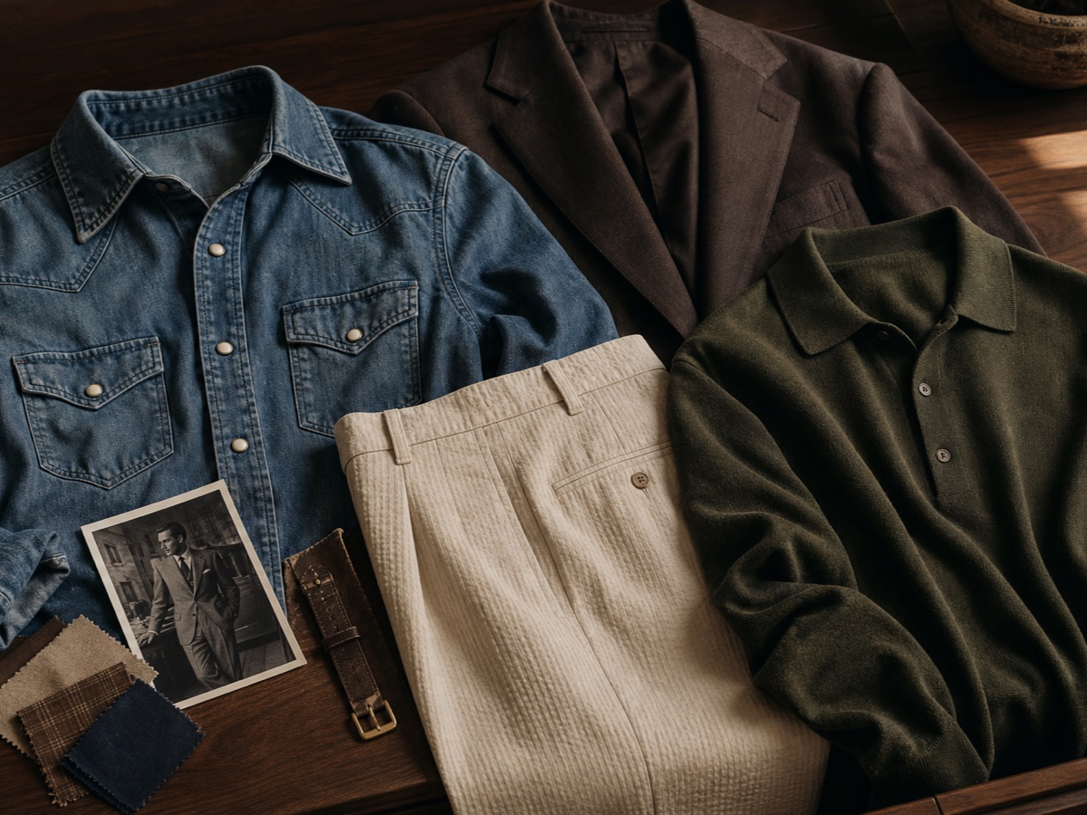 Western denim, Italian tailoring, seersucker trousers and knitwear arranged as visual clues to personal style