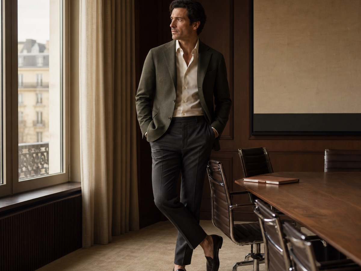 Male founder in dark olive tailoring preparing for an investor meeting in a warm boardroom