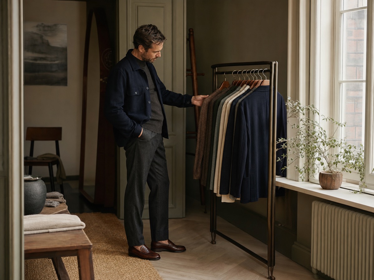 Male founder reviewing a refined wardrobe with image consultant clarity in a quiet studio