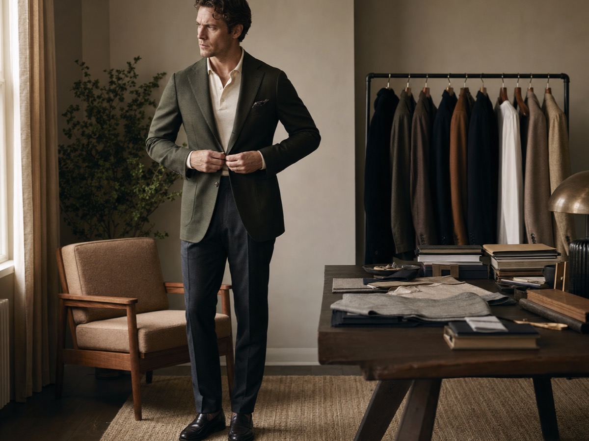Male founder in olive tailoring preparing a networking event outfit in a warm wardrobe studio