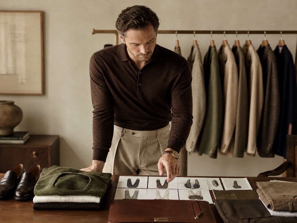 Male founder planning a refined wardrobe system for a new leadership role in a warm neutral studio