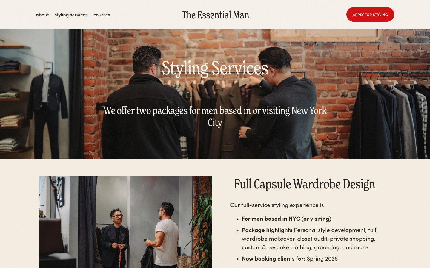 The Essential Man styling services page hero screenshot