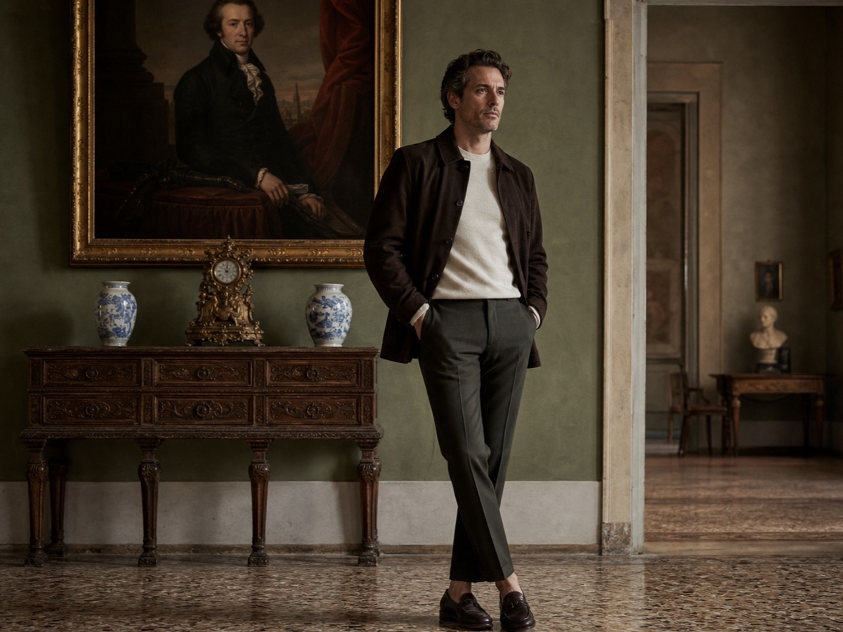 Male founder in refined personal branding style standing in a muted gallery beneath a classical portrait
