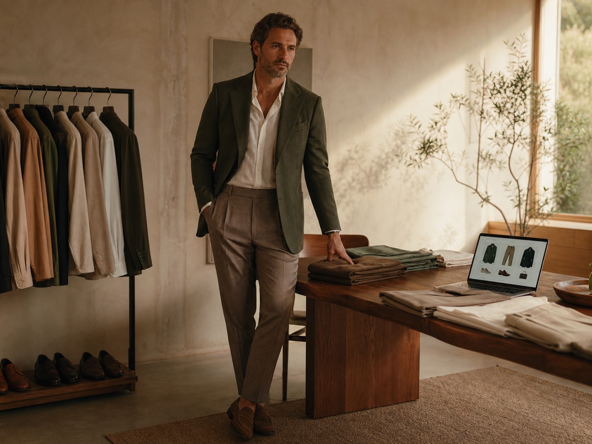 Male founder in a refined wardrobe studio reviewing an online shopping shortlist beside a rail of neutral menswear