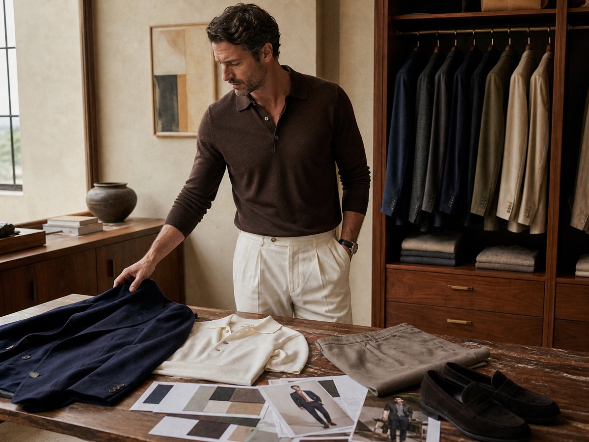 Male founder reviewing outfit references and a refined wardrobe system in a warm neutral dressing room