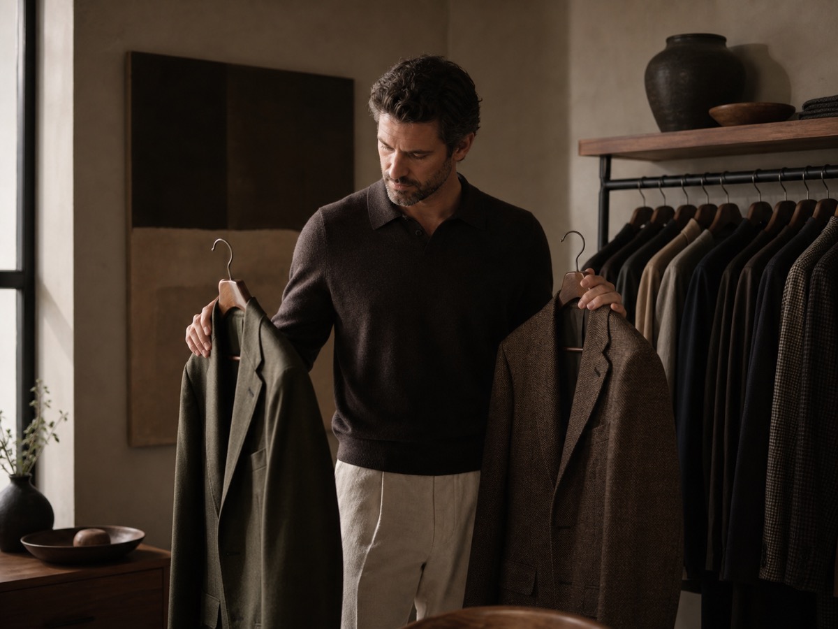 Male executive comparing two jackets with a personal stylist in a warm neutral wardrobe studio