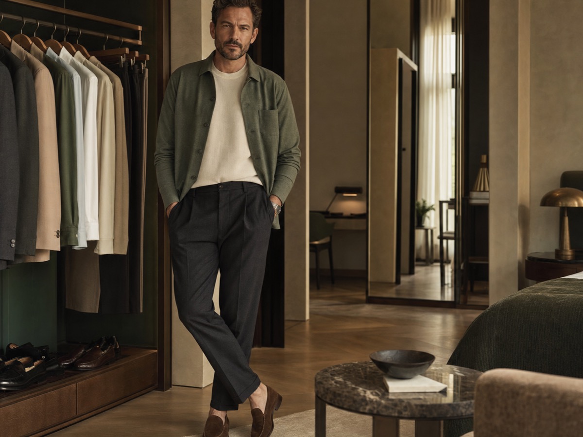 Personal stylist wardrobe edit with refined neutral menswear in a calm suite