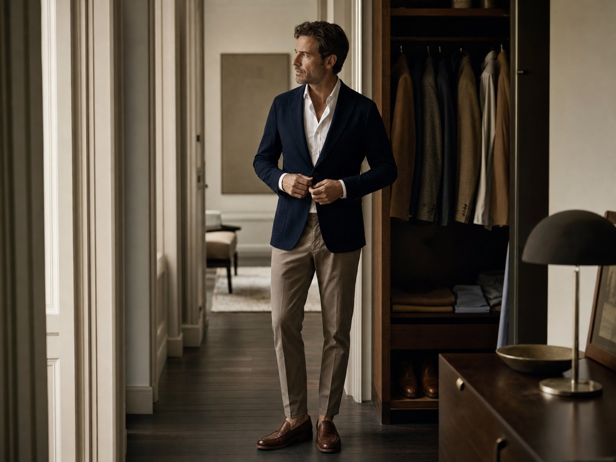 Man in a navy soft blazer and taupe trousers choosing smart casual wardrobe pieces in warm morning light
