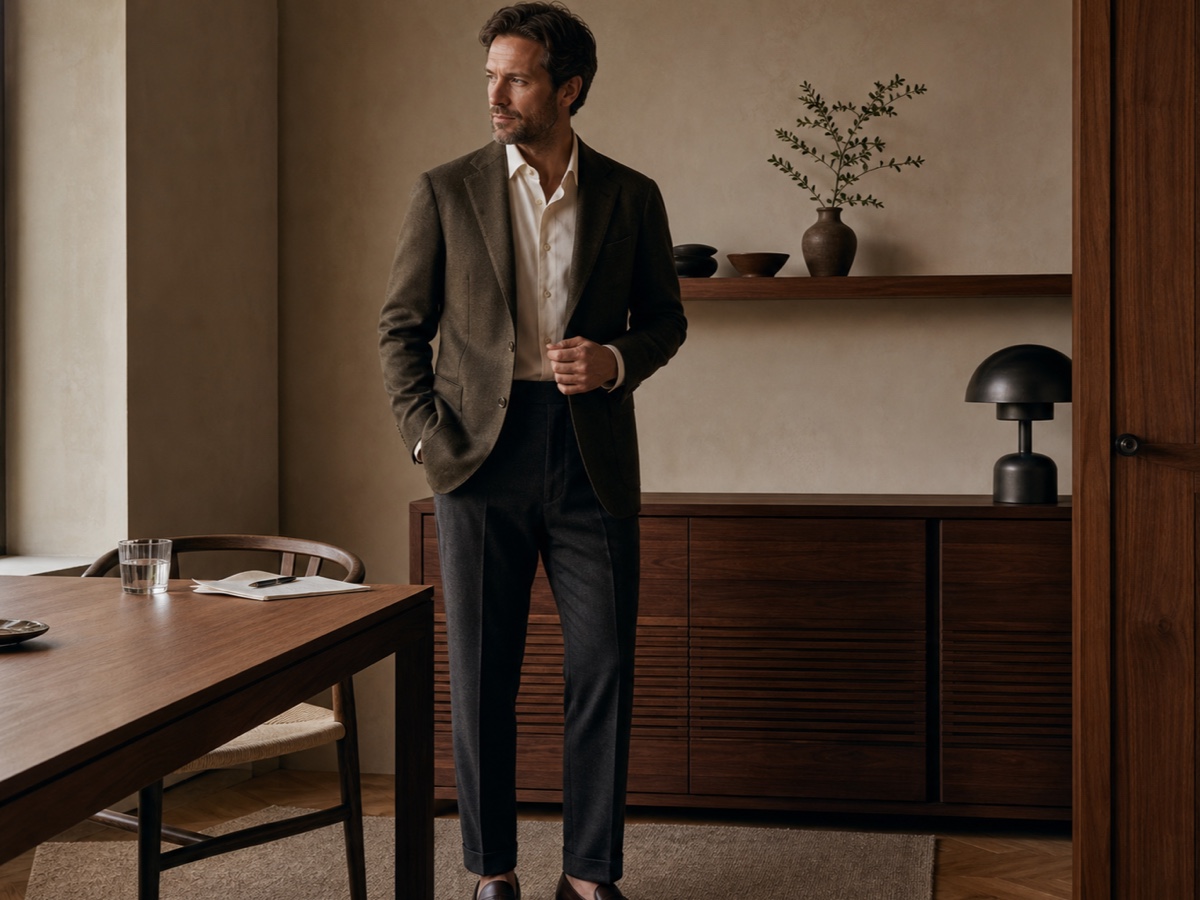 Male founder in refined olive tailoring preparing notes before a speaking engagement in a warm minimalist room