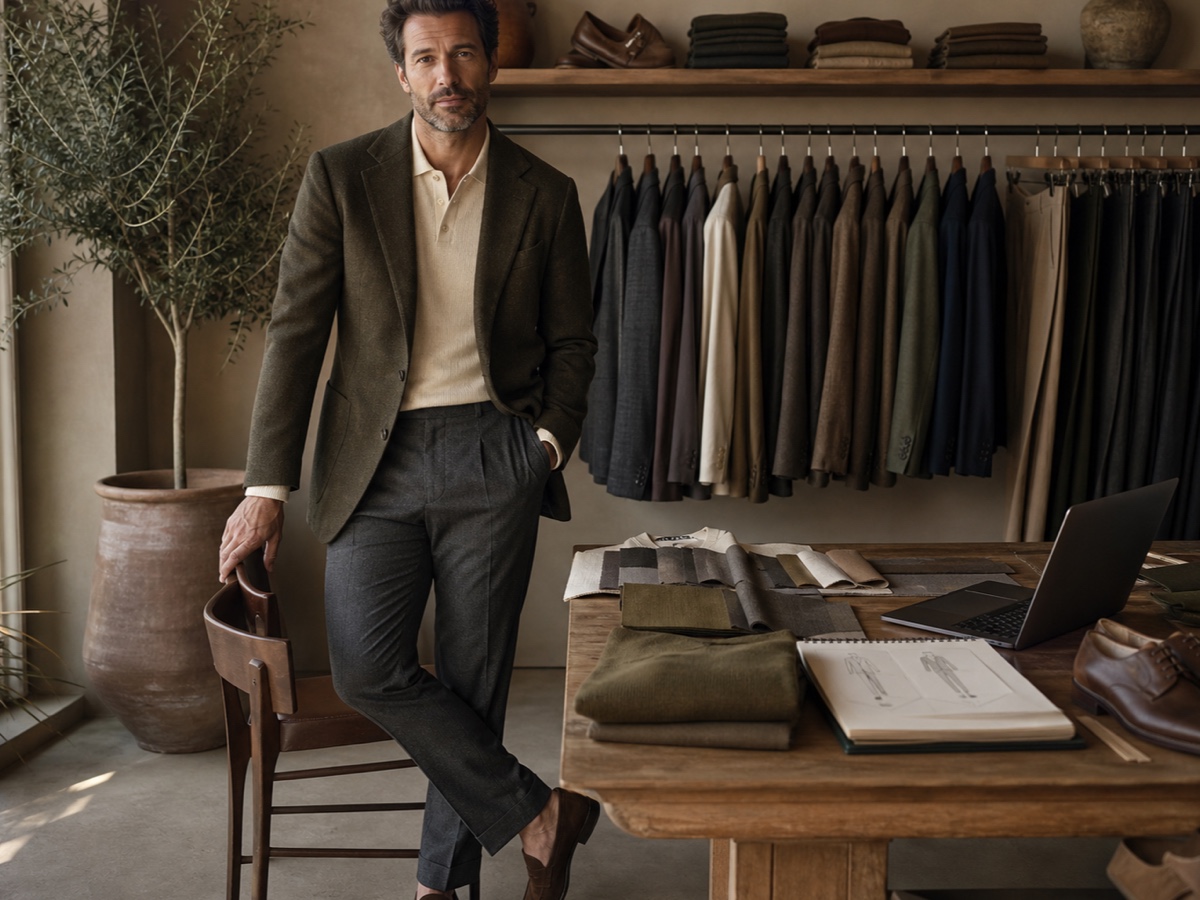 Male founder reviewing wardrobe formulas with tailoring, knitwear, shoes, and fabric swatches during a private style consultation