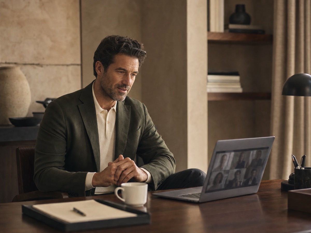 Male founder in olive tailoring at a warm home office desk preparing for a virtual meeting on camera