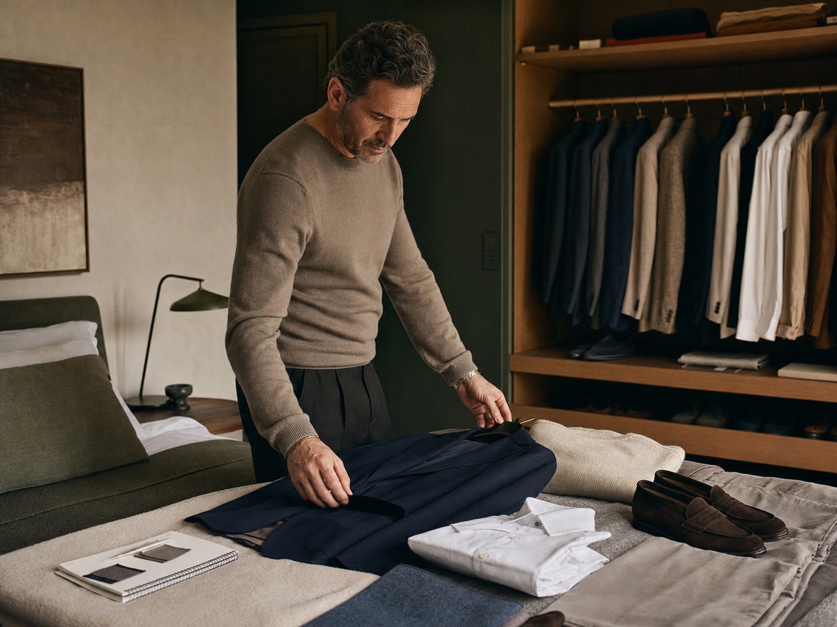Man reviewing a refined neutral wardrobe during a practical closet audit