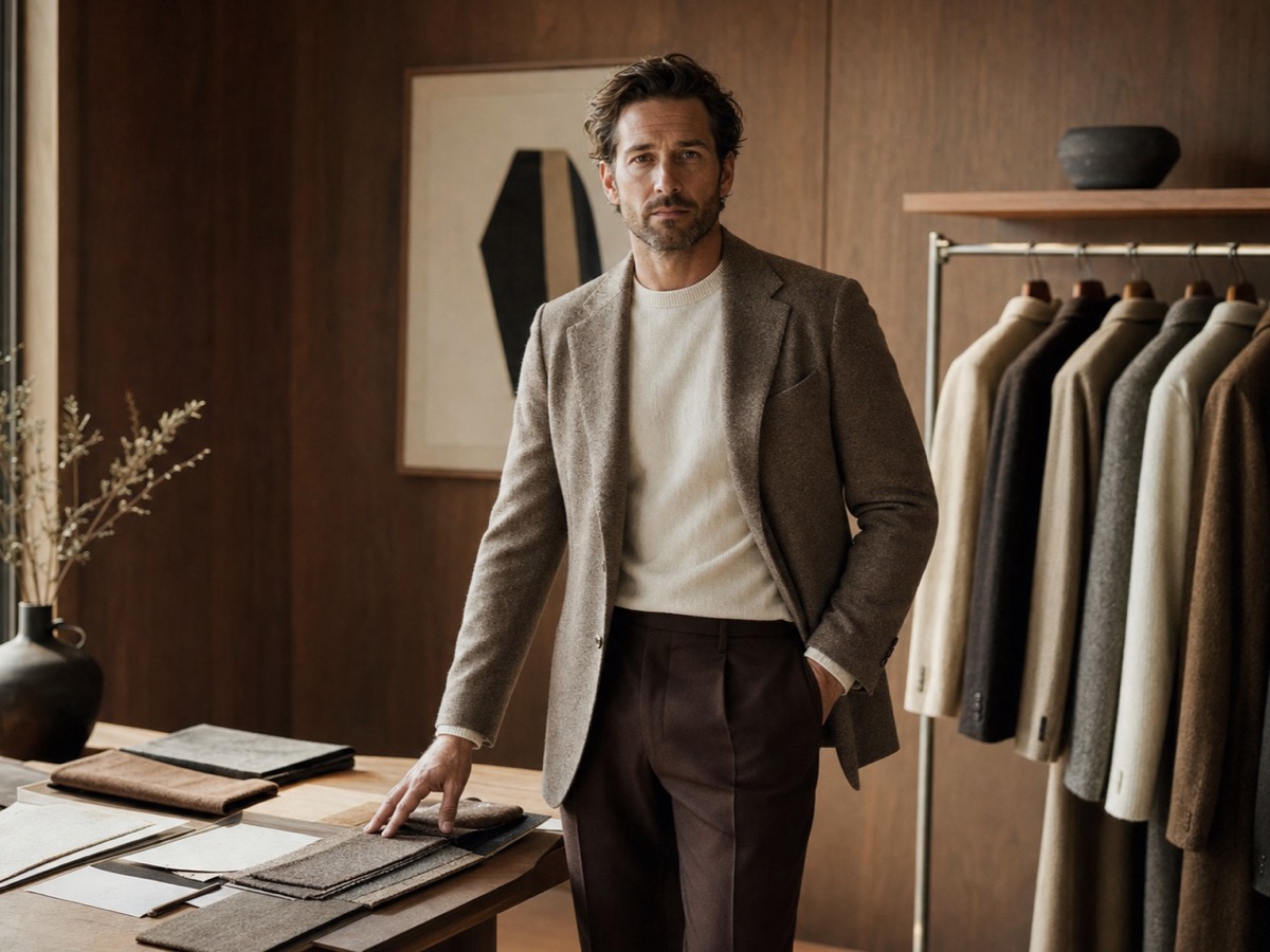Wardrobe consultant reviewing refined neutral menswear and fabric swatches with a male founder