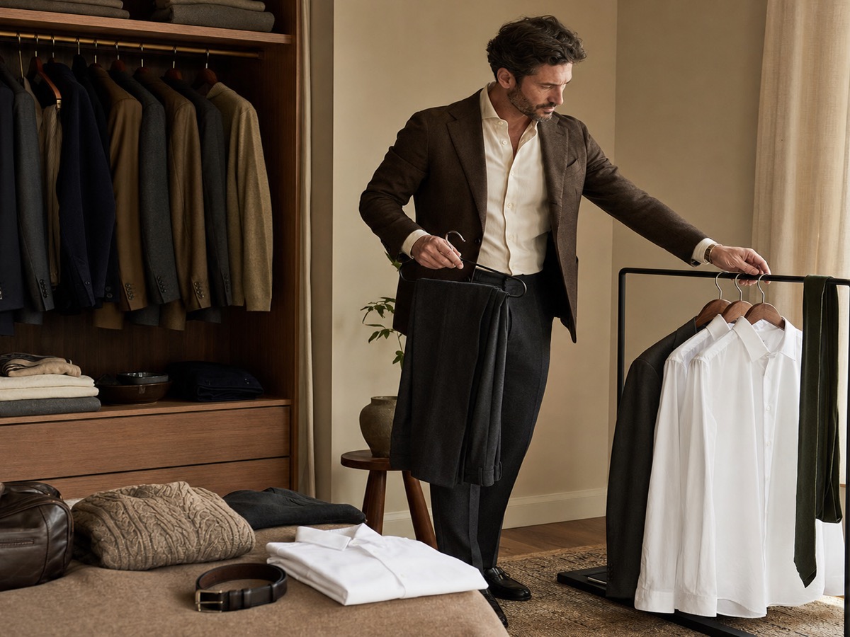 Founder choosing refined wardrobe essentials from a calm rail of neutral menswear