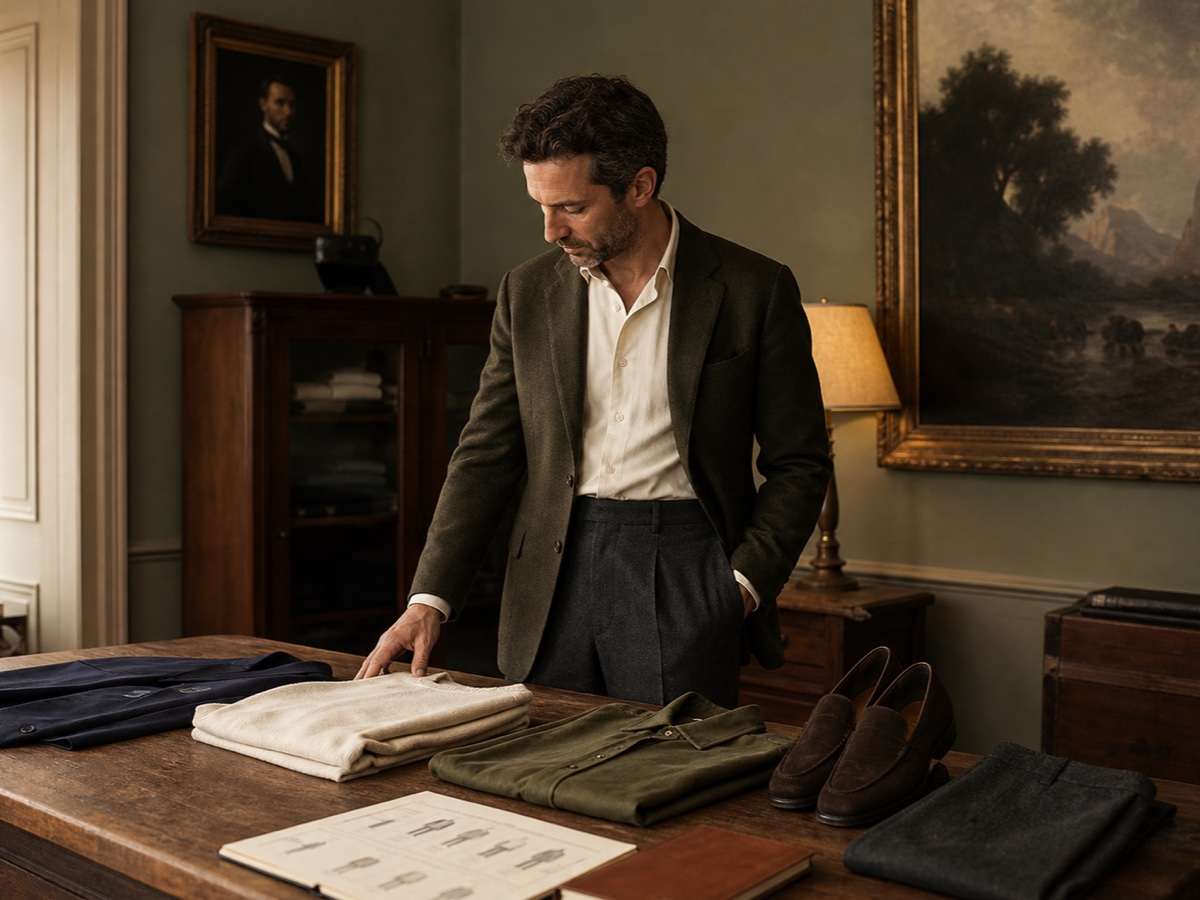 Male founder reviewing a structured wardrobe system of tailoring, knitwear, shoes, and outfit formulas in a warm gallery studio