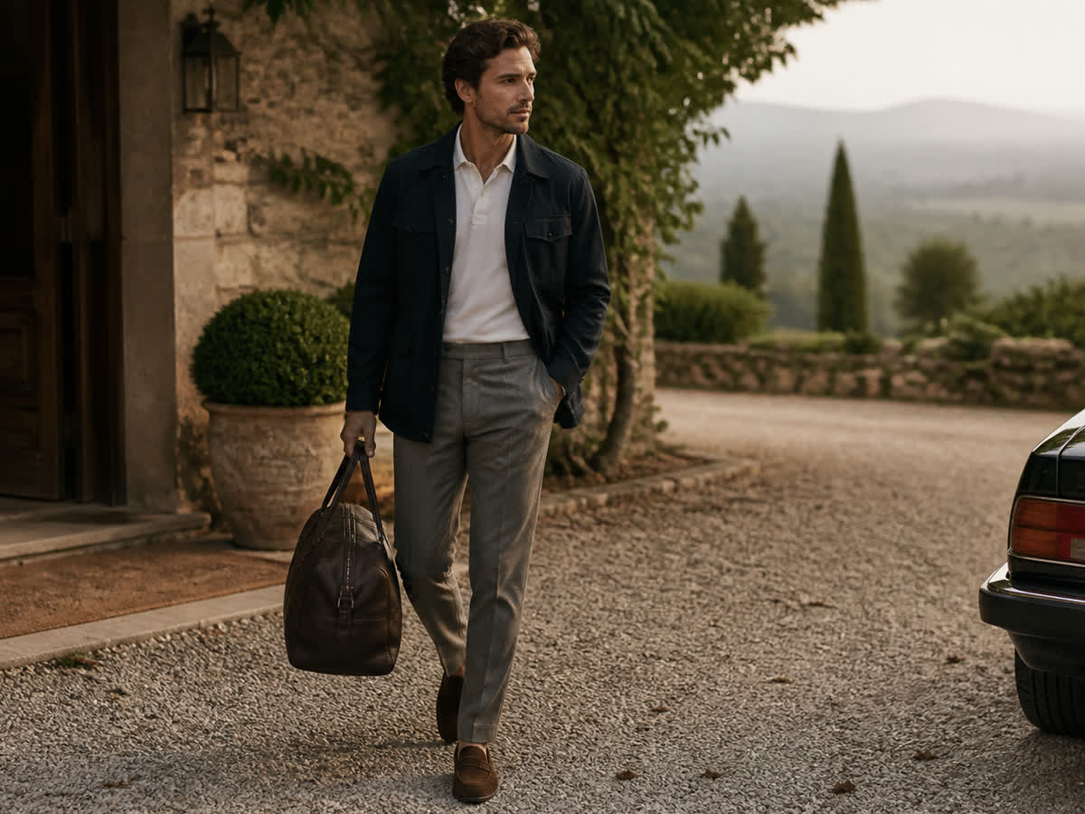 Male founder in refined casual tailoring arriving at a warm countryside work retreat